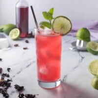 A tall glass of pink hibiscus limeade with a mint sprig
