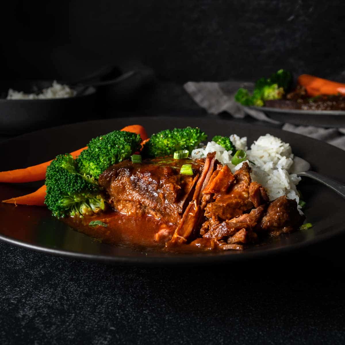 A plate with a hearty portion of braised Galbi style beef short ribs and rice