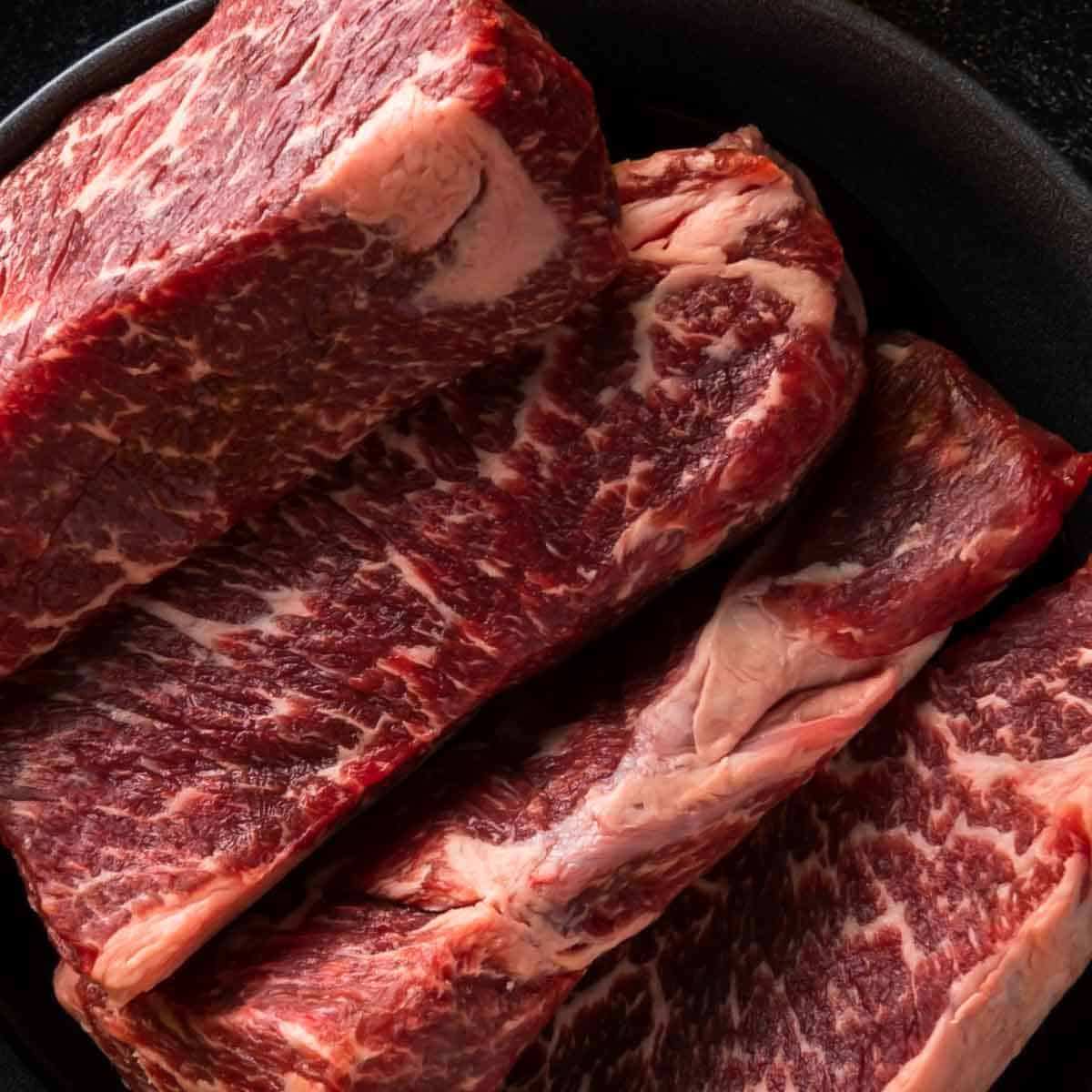 a close-up shot of English cut beef short ribs
