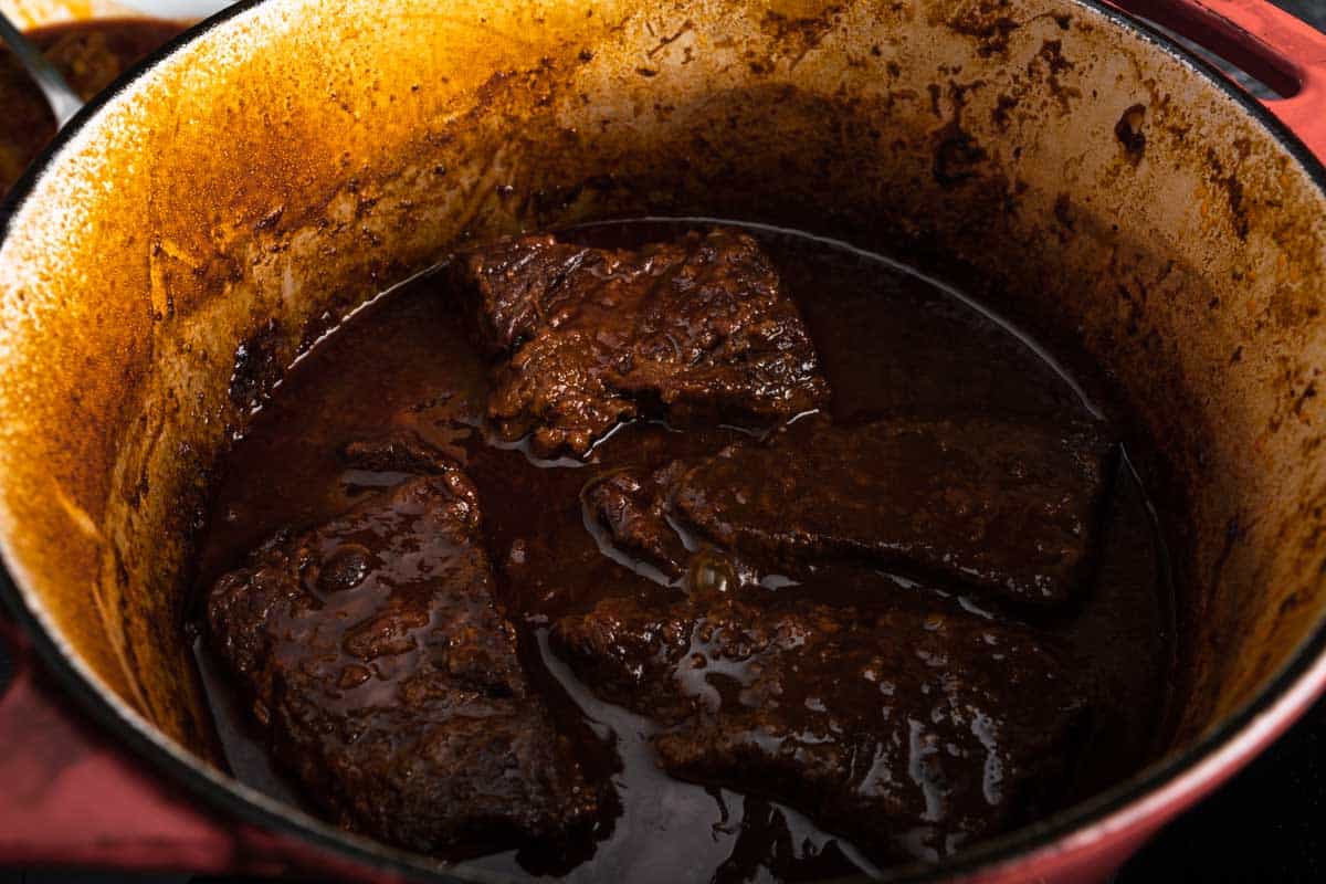 Braised Korean beef short ribs in a dutch oven