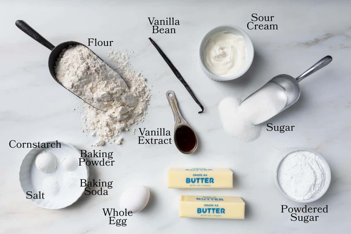 An image of the ingredients needed to make vanilla cookies and vanilla cookie frosting