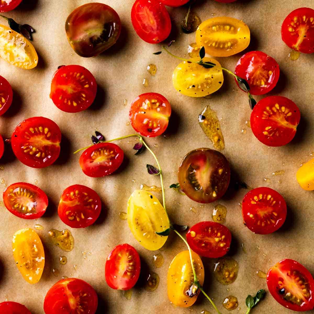 Halved red and yellow tomatoes on a parchment lined baking sheet with a sprig of thyme