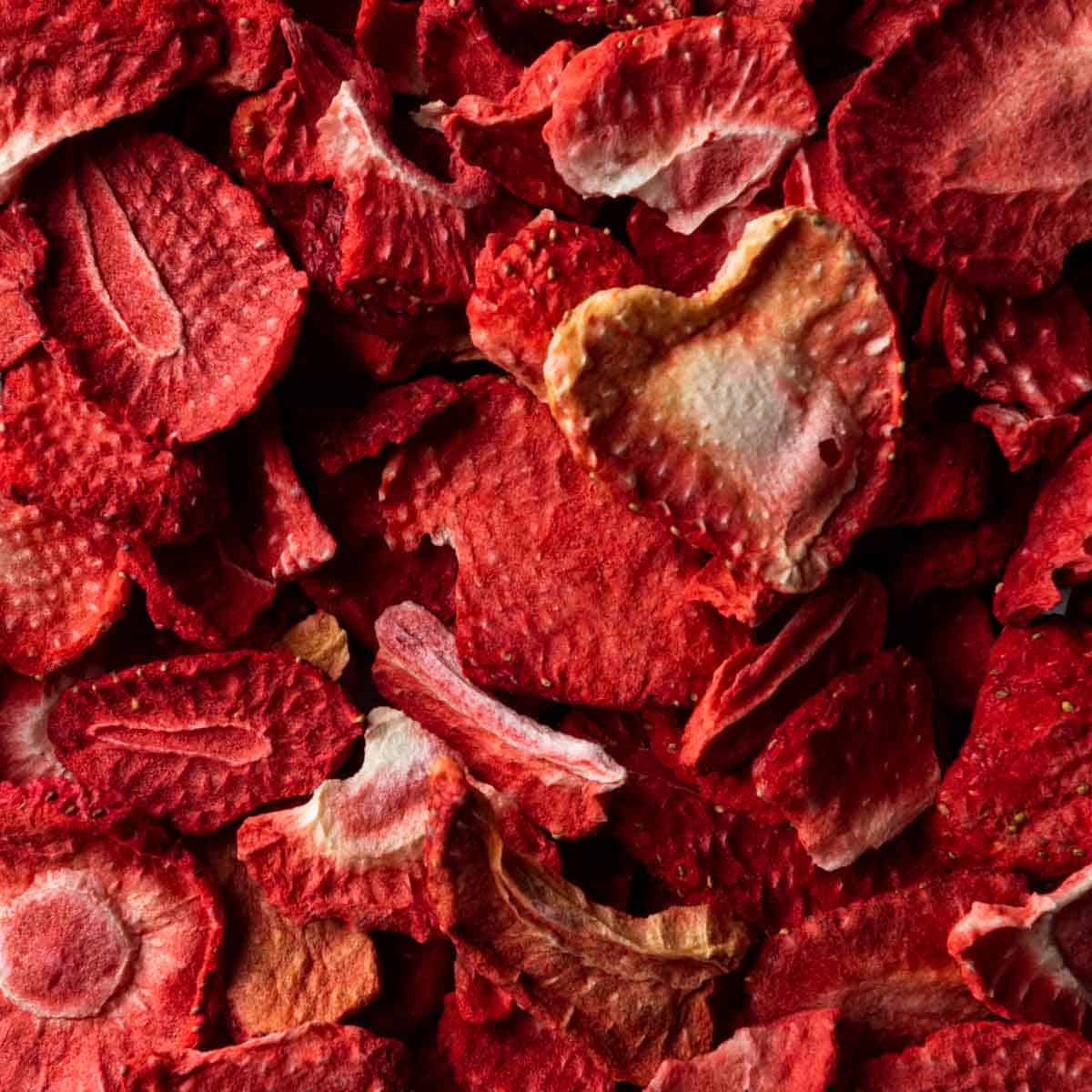 A close up shot of sliced freeze dried strawberries