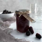 A jar of homemade blackberry syrup and a bowl of fresh berries