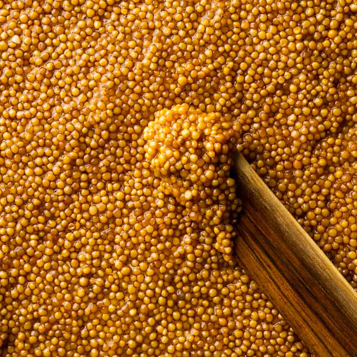 A close-up shot of yellow pickled mustard seeds with a wooden spreader