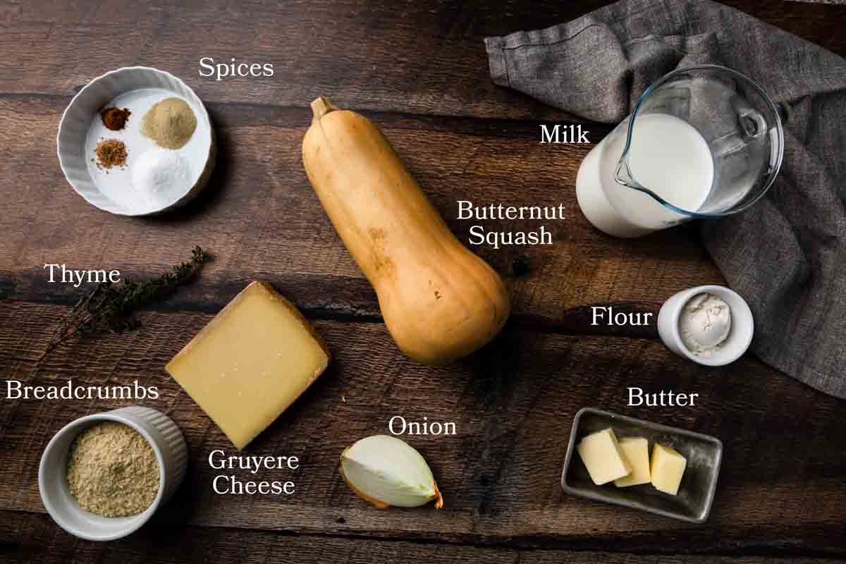 Ingredients for butternut squash au grating with gruyere cheese sauce