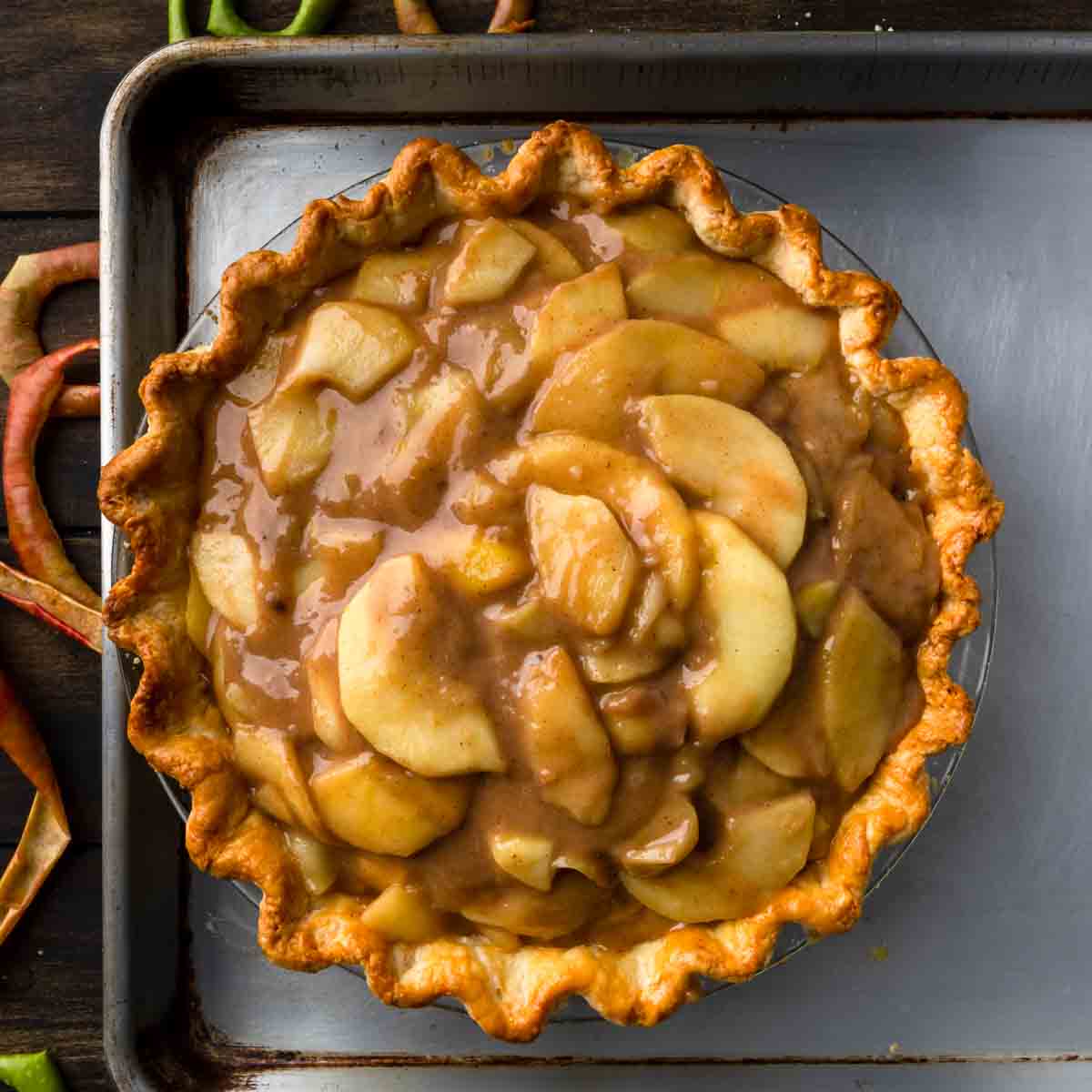Apple pie filling in a blind baked pie crust