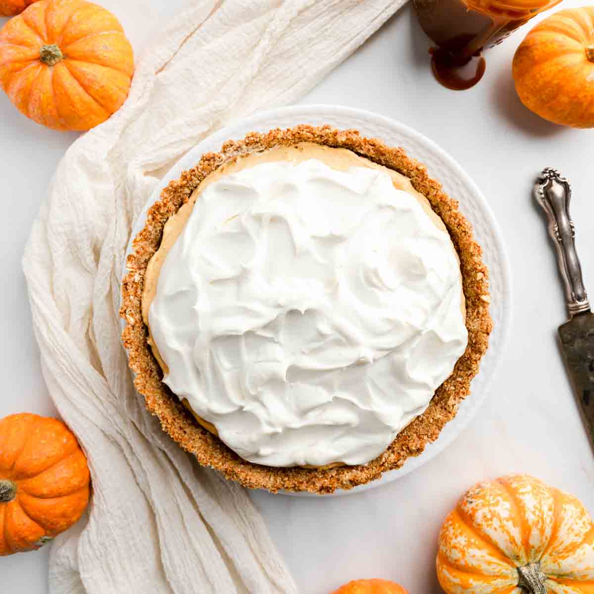 A birds eye view of a whipped cream topped pie surrounded by mini pumpkins