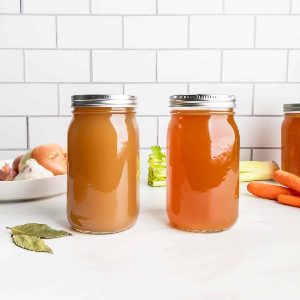 Comparing two jars of chicken feet bone broth made differently. 